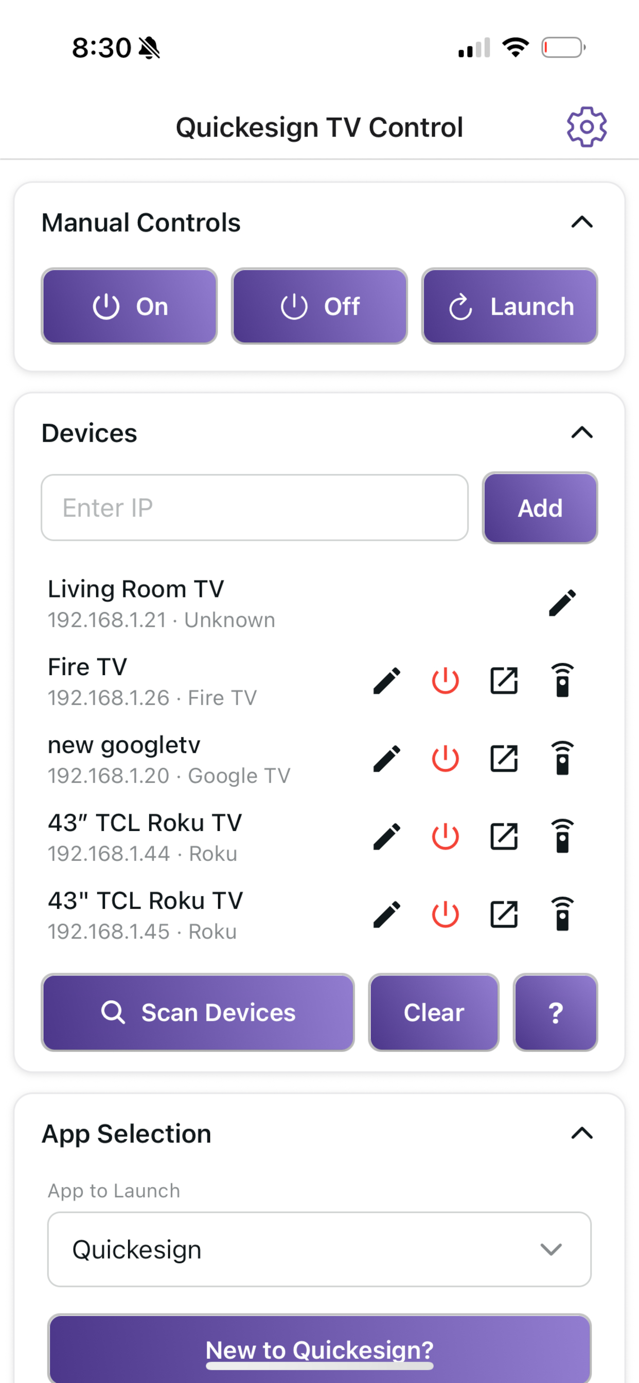Quickesign TV Control app turning a TV on and off